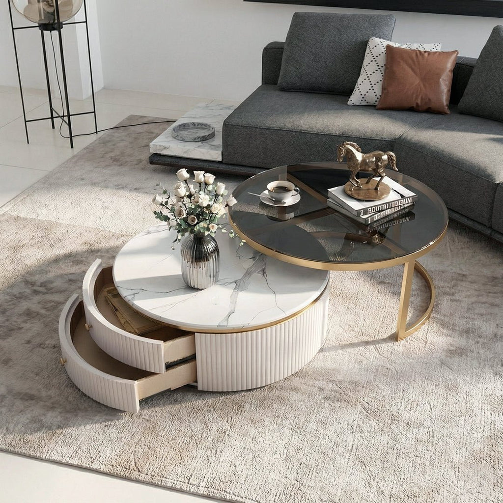 Bell Nesting Coffee Table Set, White & Gold - Miola