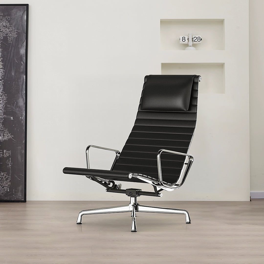 Qureshi Swivel Office Chair With Footstool, Black Leather - Miola