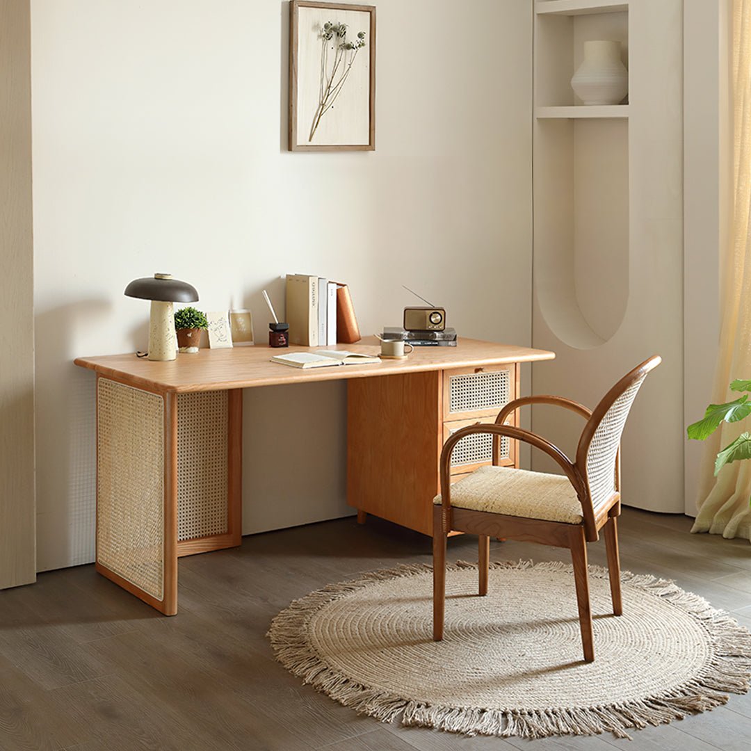 Anya Office Desk With Storage & Office Chair, Ash Wood & Rattan - Miola