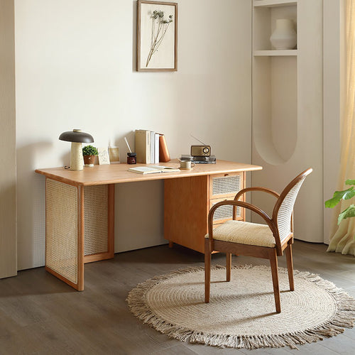 Anya Office Desk With Storage & Office Chair, Ash Wood & Rattan - Miola