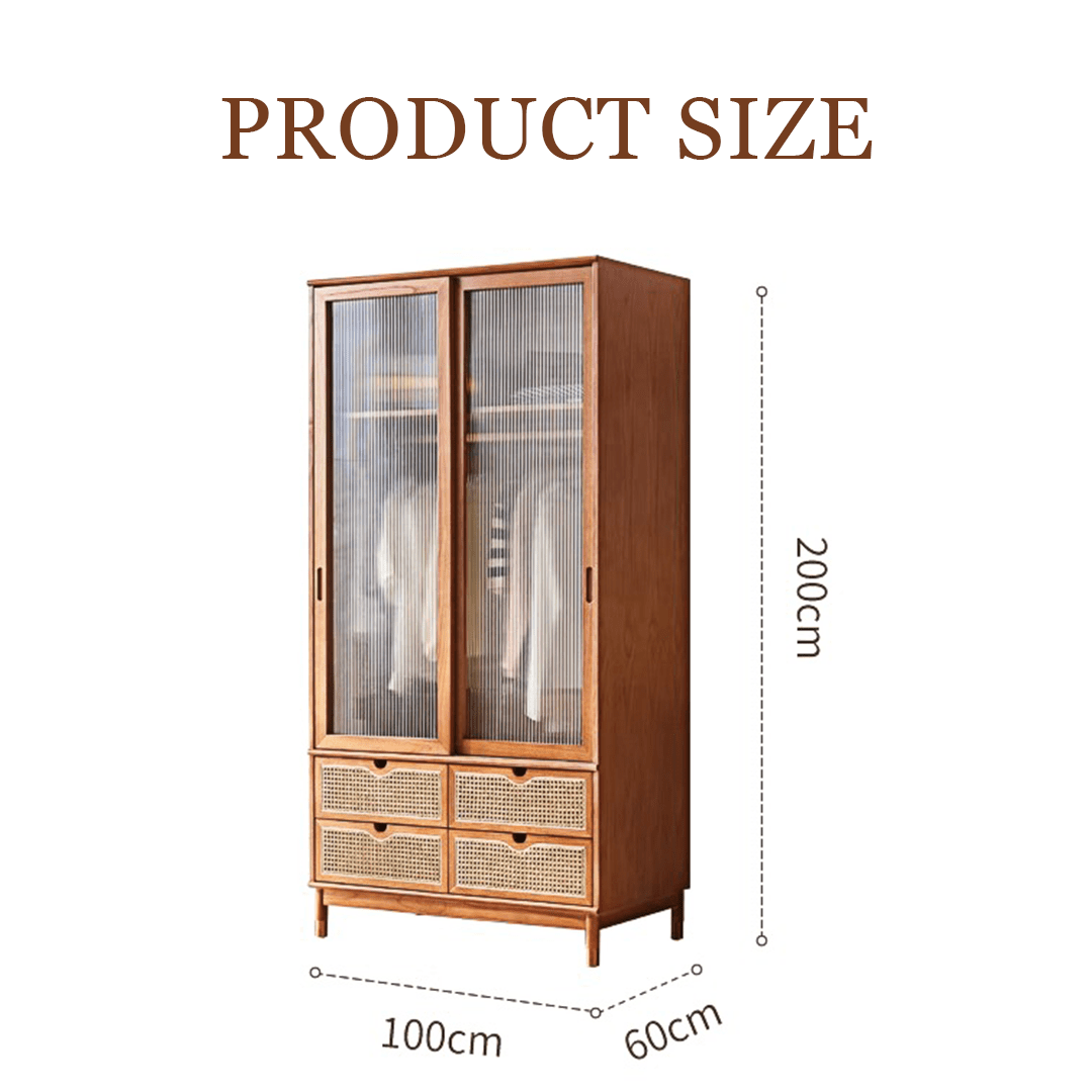 Fritzy Rattan Wardrobe With Coat Hanger & Sliding Glass Doors - Miola