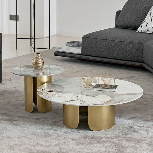 Amina Nesting Coffee Table Set, Gold Base, Sintered Stone - Miola