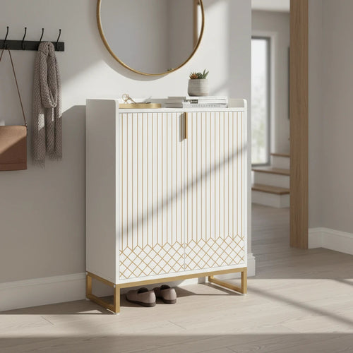 Art Deco Accent Cabinet - White & Gold Luxury Sideboard & Bar Station - Miola