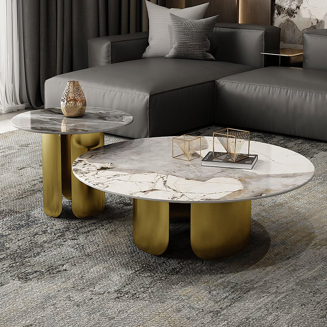 Amina Nesting Coffee Table Set, Gold Base, Sintered Stone - Miola