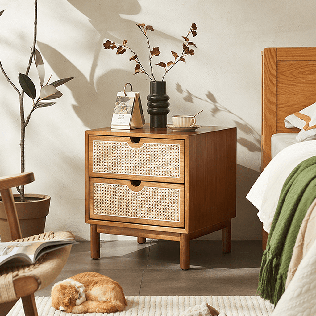 Kogi Bedside Table Solid Wood, Rattan - Miola