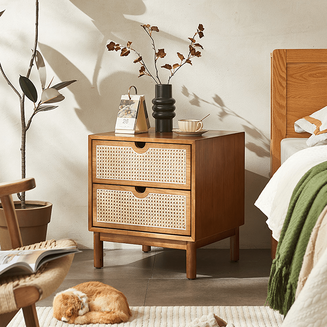 Kogi Bedside Table Solid Wood, Rattan - Miola