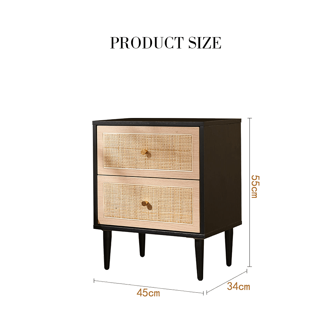 Tsaatan Wood Bedside Table, Rattan, Black - Miola