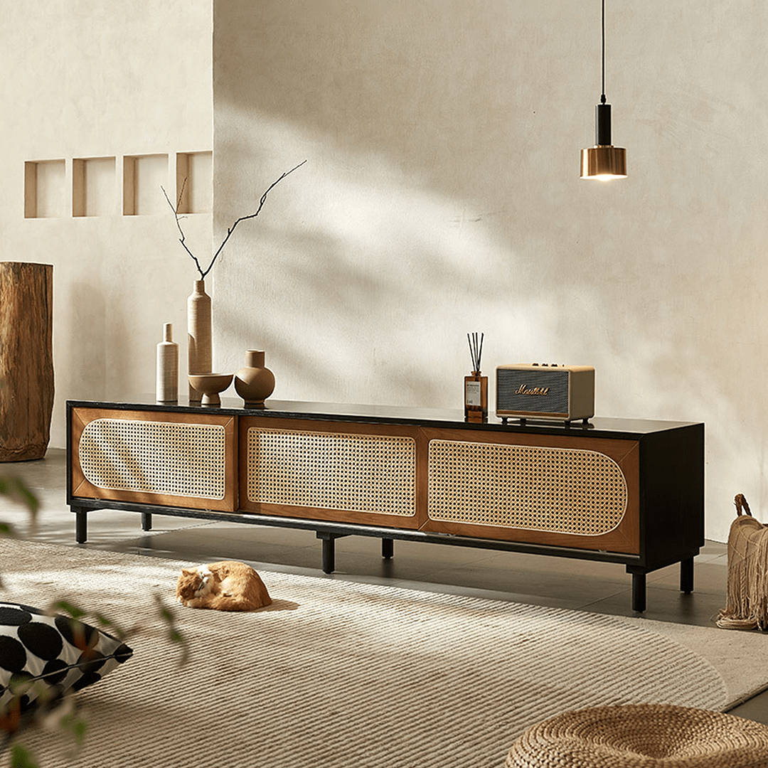 Dogon Rattan TV Stand, Black, Solid Wood - Miola