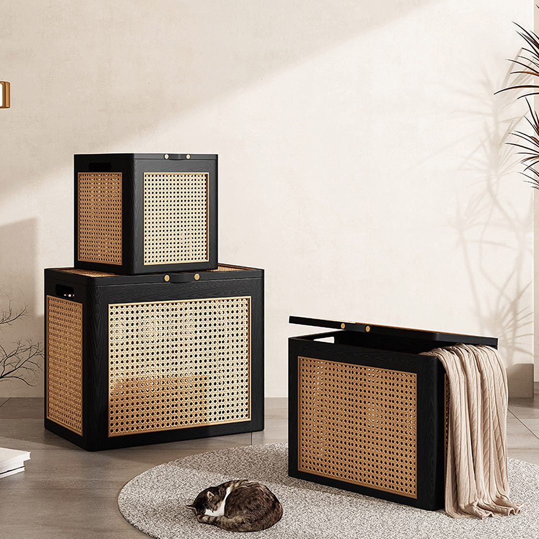 Aka Solid Wood Storage Box With Lid, Rattan Ottoman