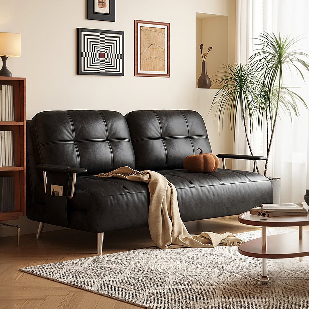 Riley Single Sofa Bed, Two Seater Sofa Bed, Black Leather - Miola