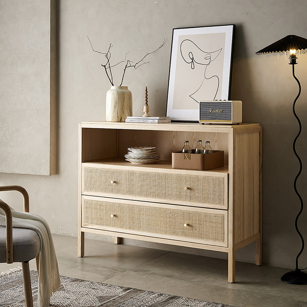 San Vintage Sideboard, Rattan & Solid Wood, Oak