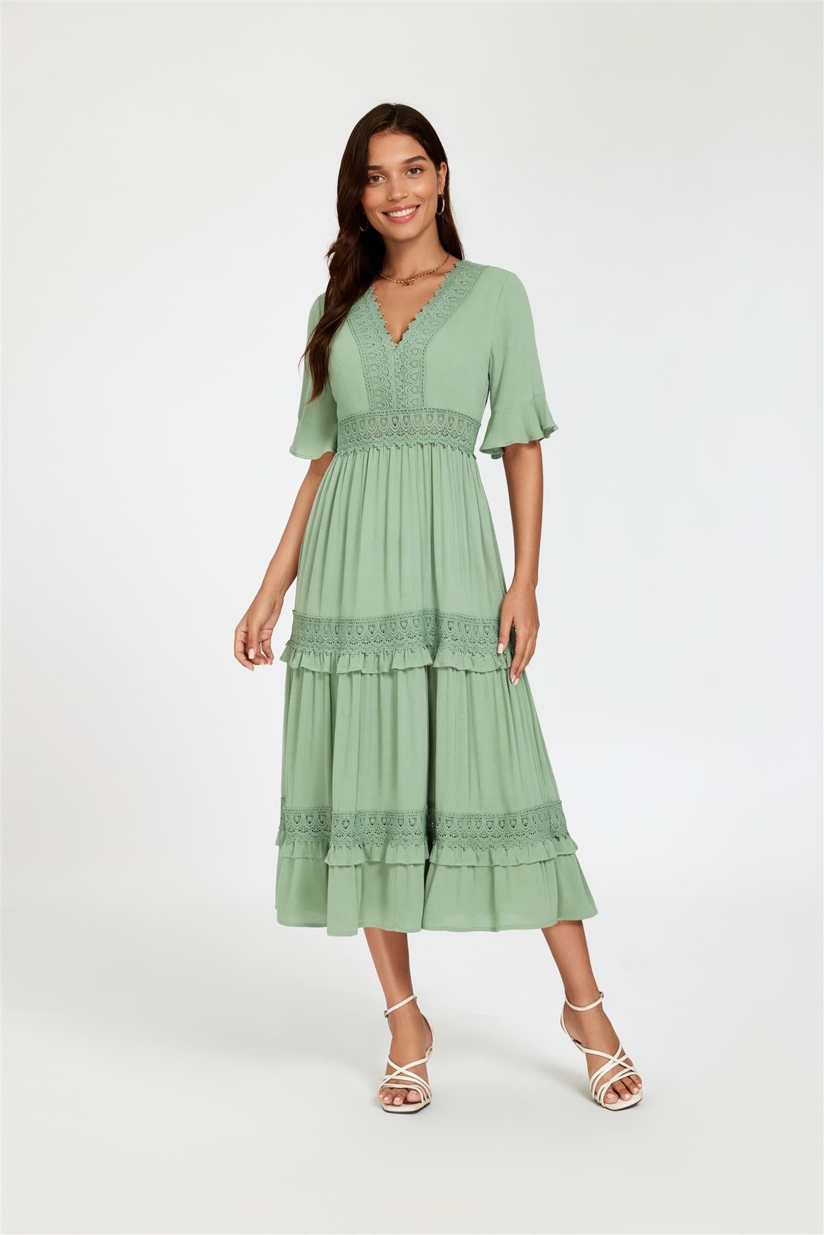 V Neck Lace Detail Midi Dress In Green