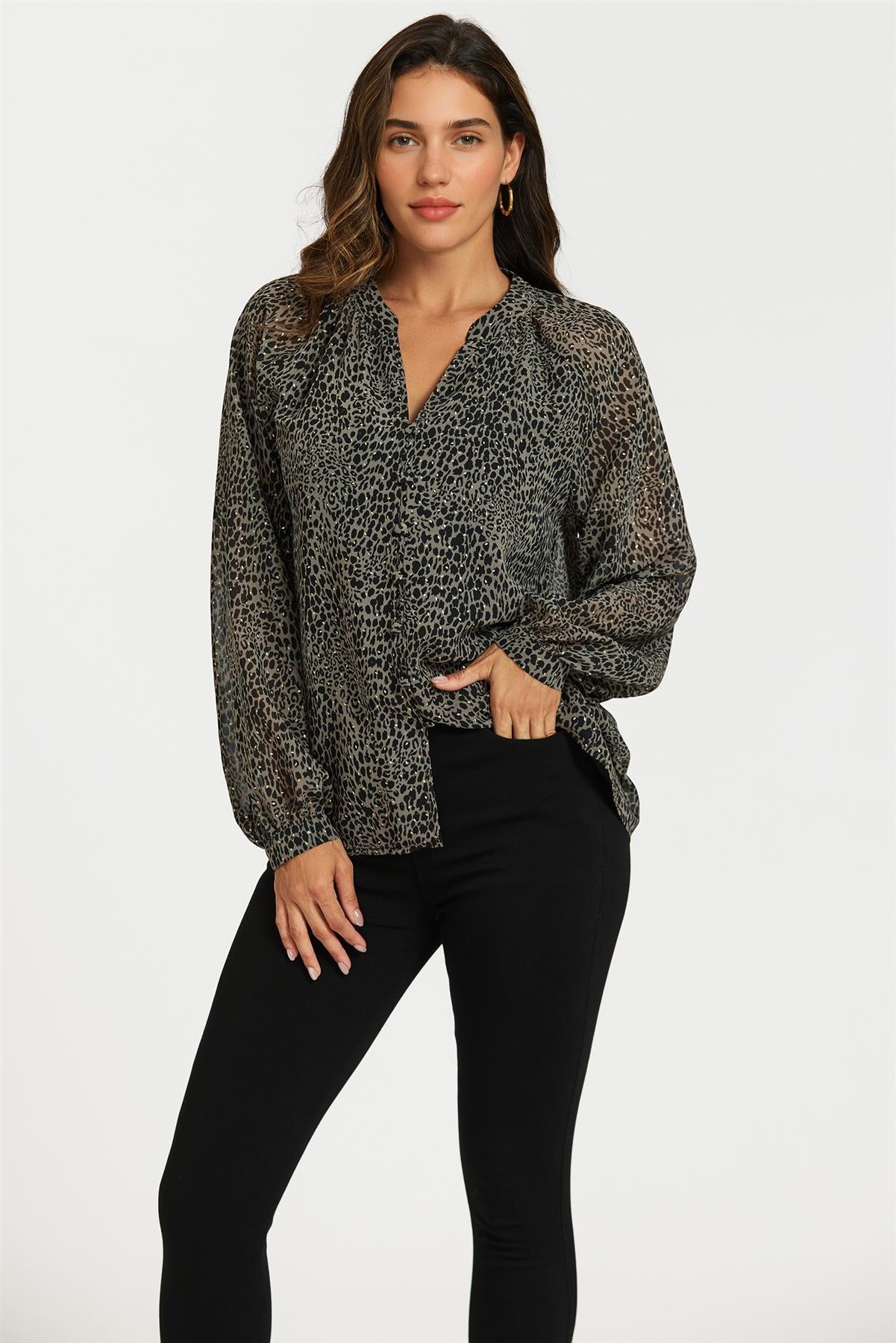 Gold Foil Leopard Print long sleeve Blouse Top In Black