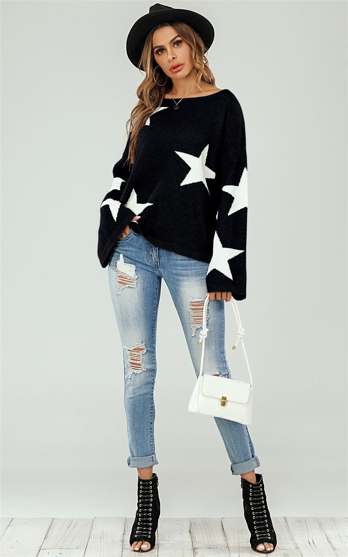 Wide Sleeve Oversize Black Jumper with White Star - Miola