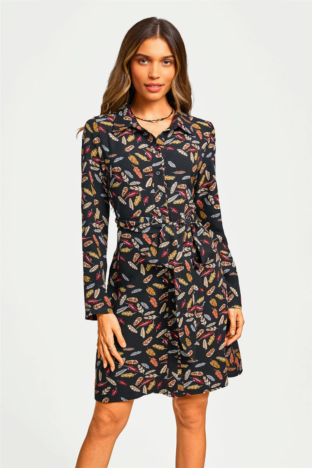 Leaf Print Tie Front Mini Shirt Dress in Black - Miola