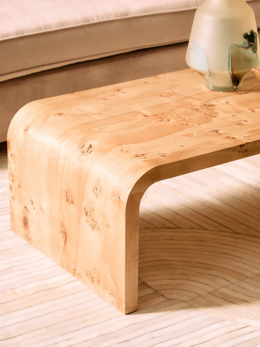 Natural Burl Wood Curved Coffee Table with Smooth Curved Edges, Mota - Miola