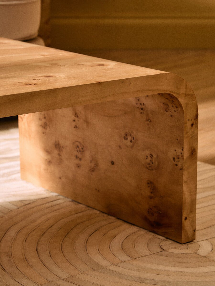 Natural Burl Wood Curved Coffee Table with Smooth Curved Edges, Mota - Miola