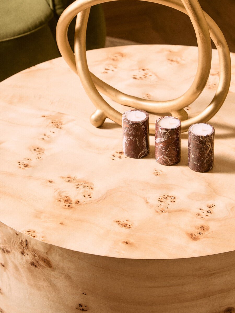Natural Burl Wood Round Coffee Table with Drum Shape Design, Mota - Miola