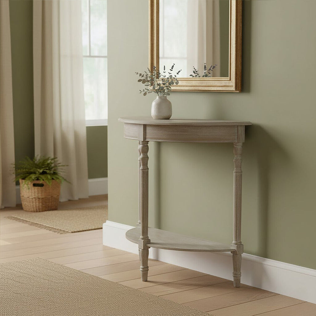 Natural Pine Wood Half Moon Console Table with Lower Storage Shelf - Miola