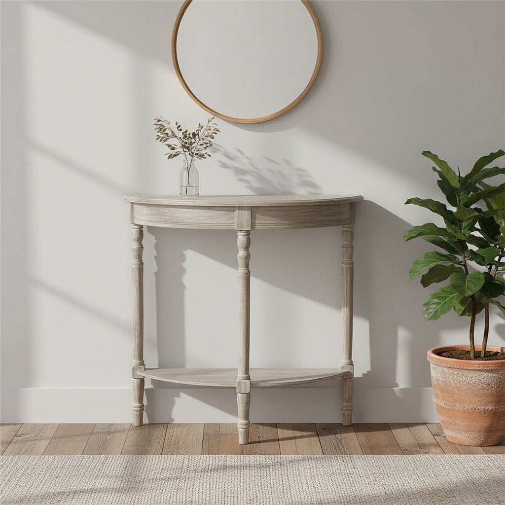 Natural Pine Wood Half Moon Console Table with Lower Storage Shelf - Miola