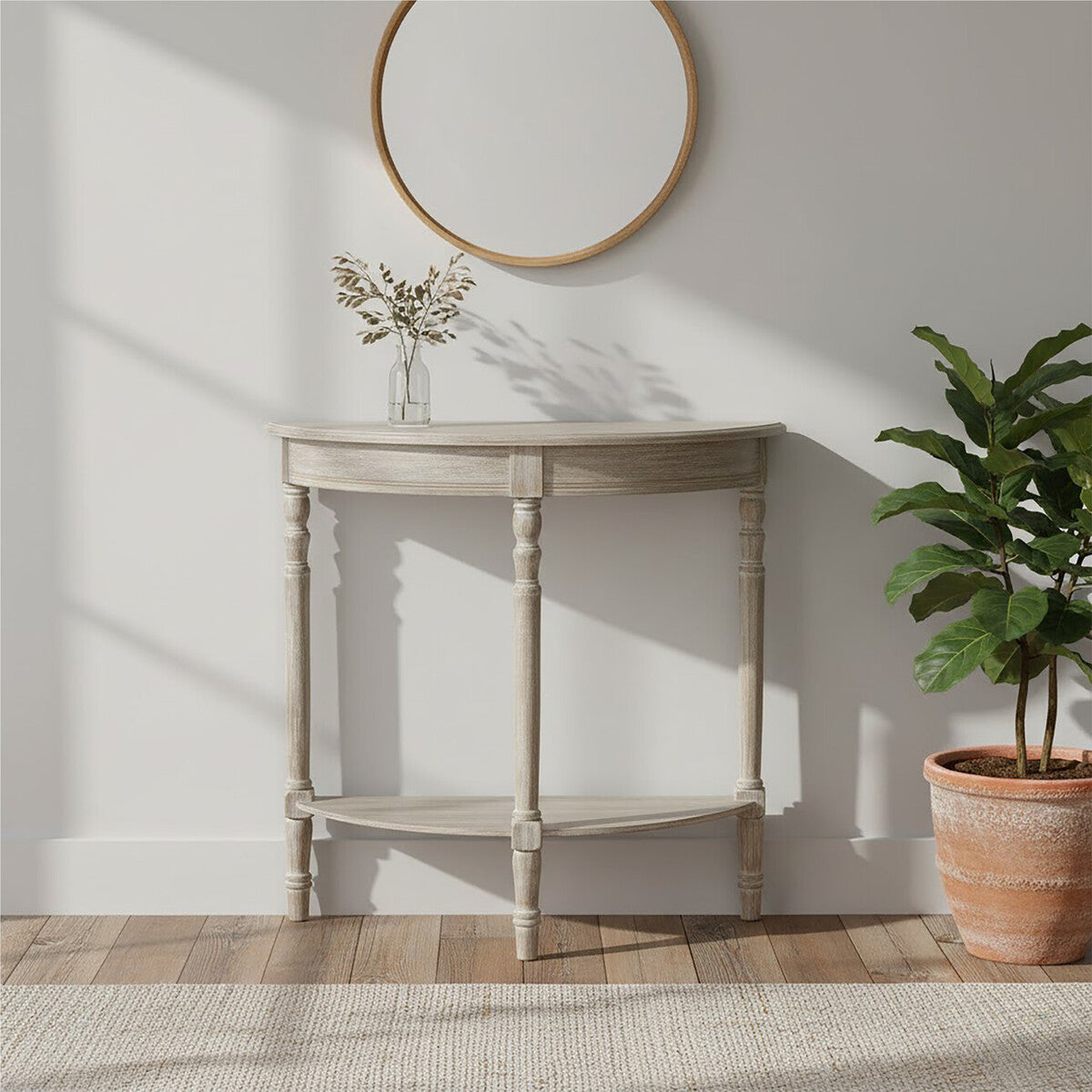 Natural Pine Wood Half Moon Console Table with Lower Storage Shelf - Miola
