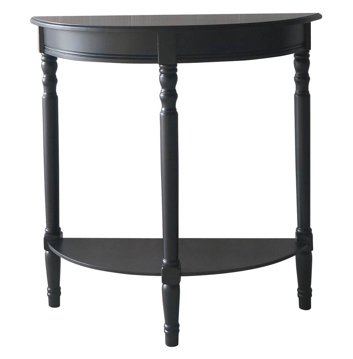 Black Pine Wood Half Moon Console Table with Carved Spindle Legs and Lower Storage Shelf - Miola