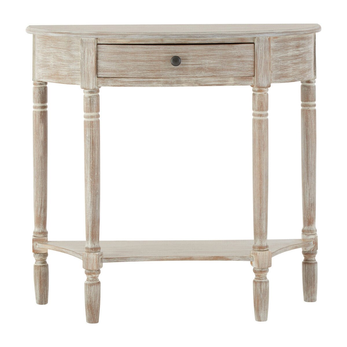 Grey Half Moon Pine Wood Console Table with 1 Drawer and 1 Lower Open Storage Shelf, Heritage - Miola