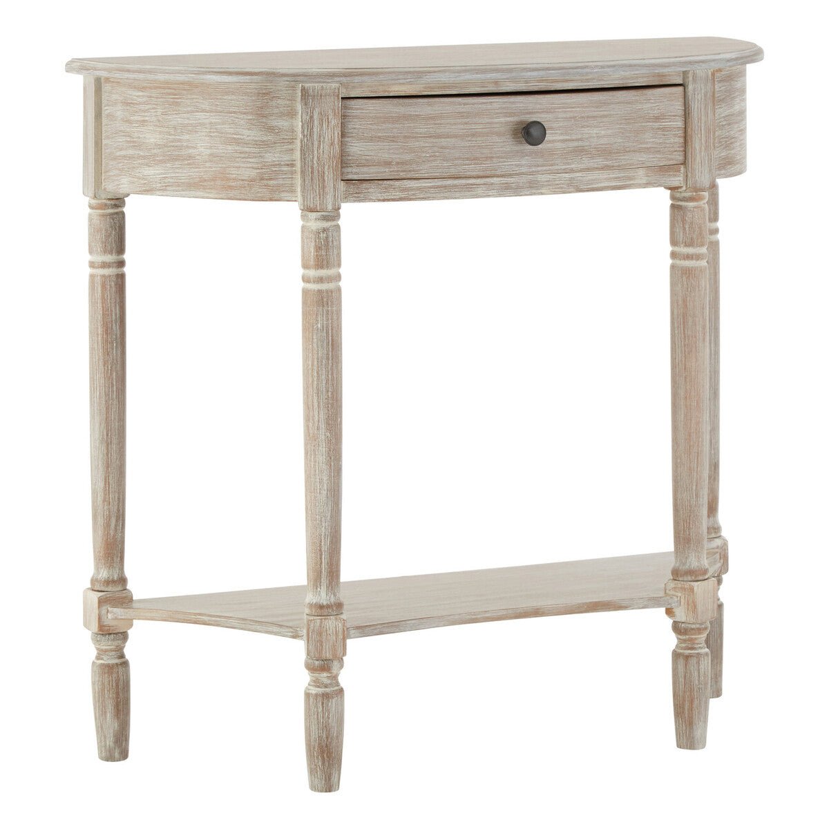 Grey Half Moon Pine Wood Console Table with 1 Drawer and 1 Lower Open Storage Shelf, Heritage - Miola