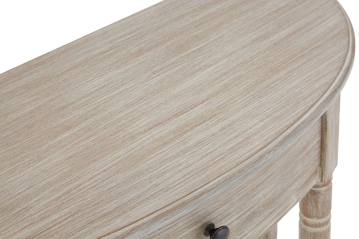 Grey Half Moon Pine Wood Console Table with 1 Drawer and 1 Lower Open Storage Shelf, Heritage - Miola