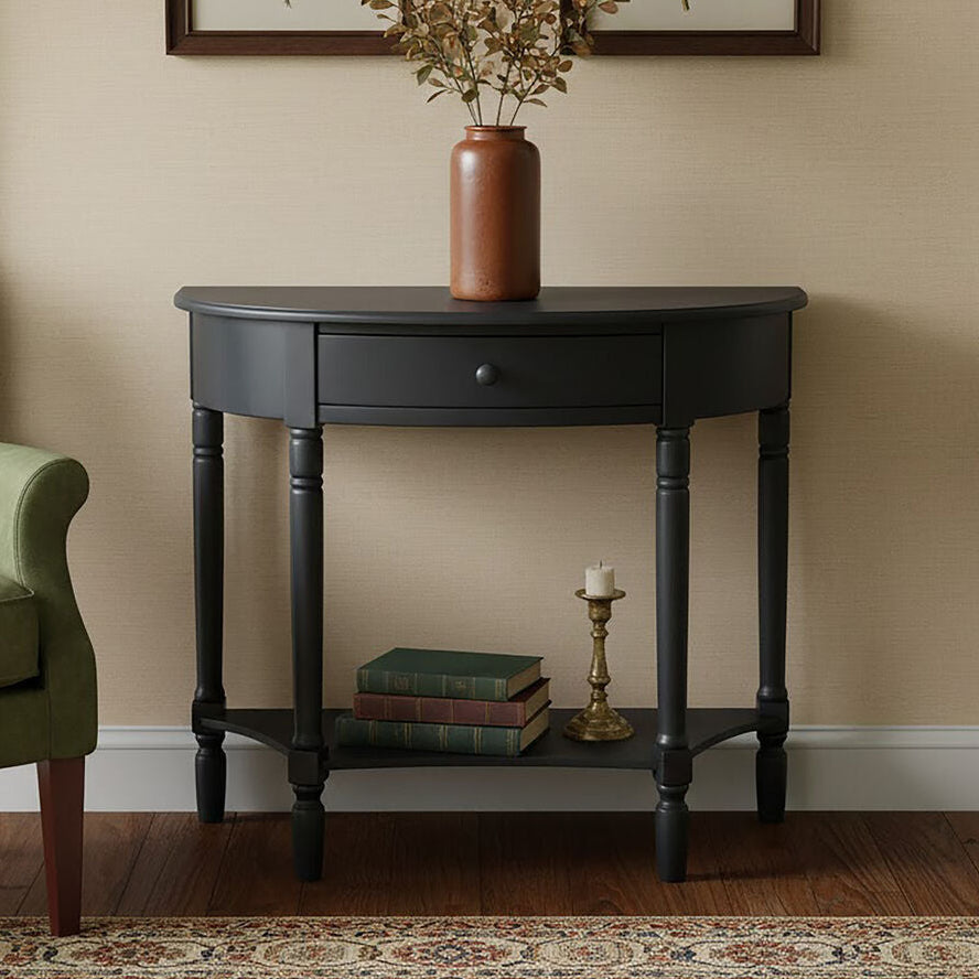 Black Half Moon Pine Wood Console Table with 1 Drawer and Lower Open Storage Shelf - Miola