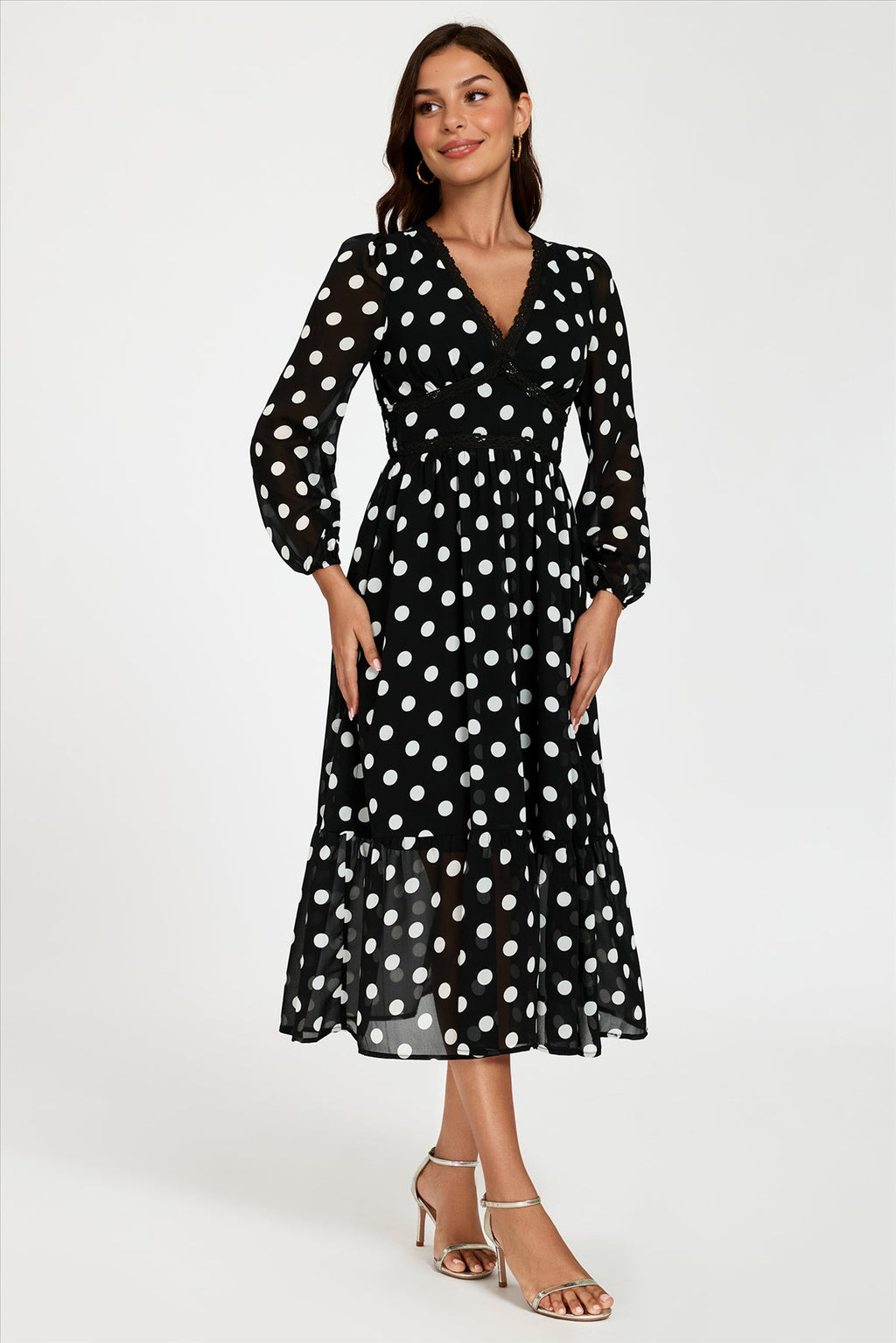 Dot Print Lace Trim Long Sleeve Maxi Dress In Black