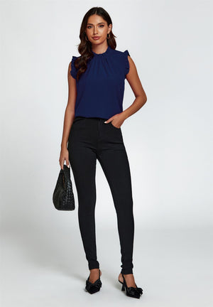 Frill Neck Blouse Top In Navy