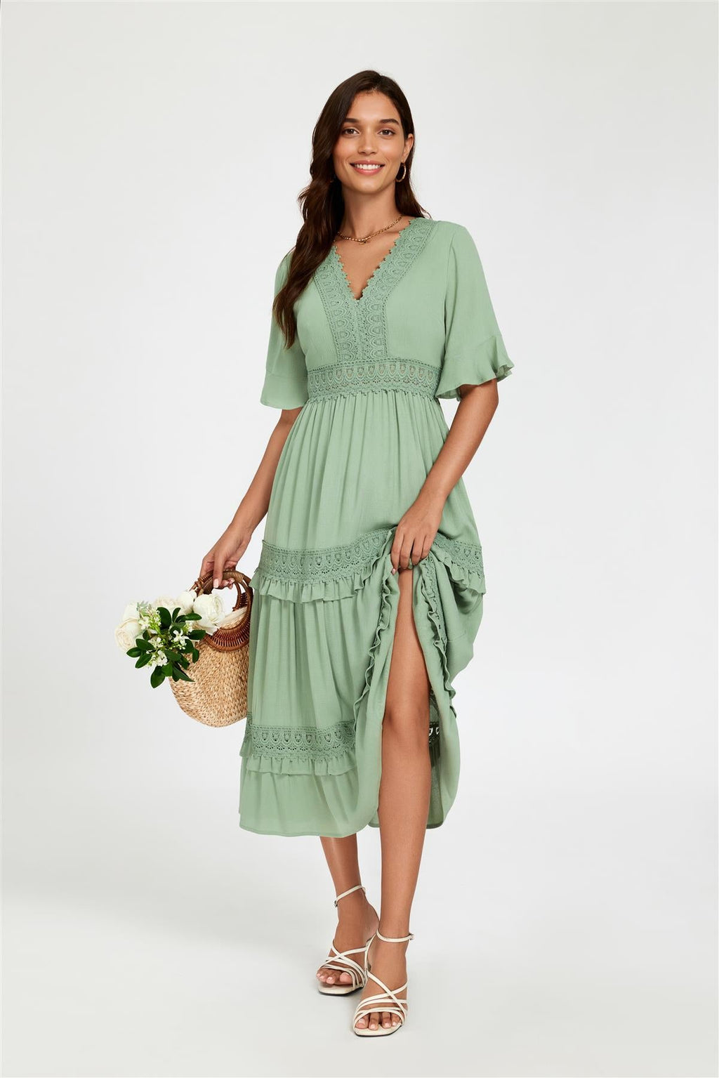 V Neck Lace Detail Midi Dress In Green