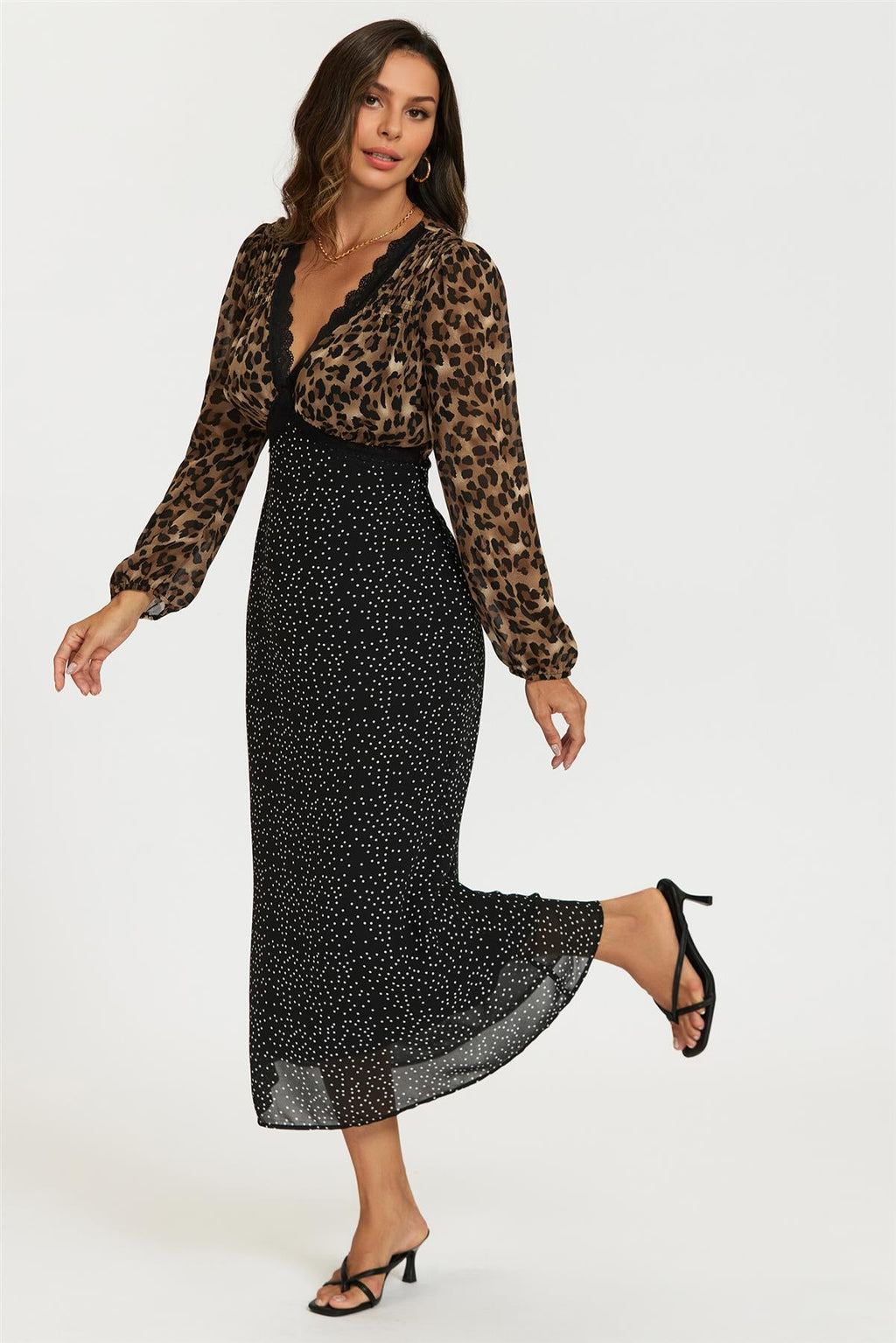 Black Dot & Brown Leopard Print Long Sleeve Maxi Dress