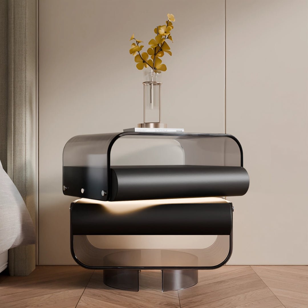 Friesen Rotateble Bedside Table With Storage & Light Strip - Miola