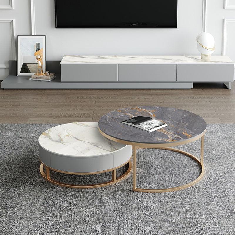 Lvinta Grey Round Nesting Coffee Table, Gold Base - Miola