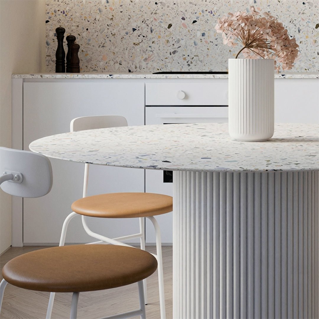 Cracky White Round Dining Table, Premium Terrazzo And Wood Base - Miola