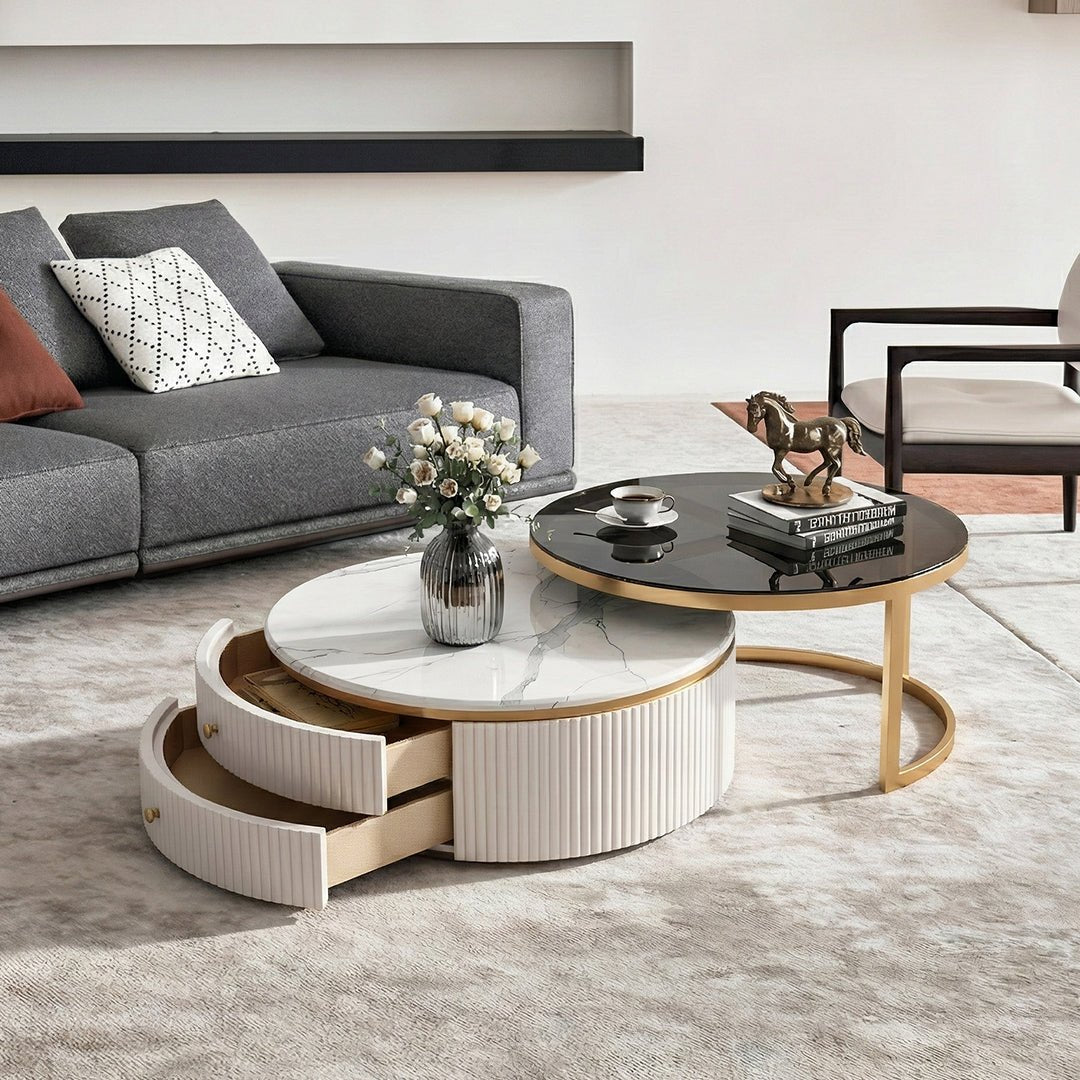 Bell Nesting Coffee Table Set, White & Gold - Miola