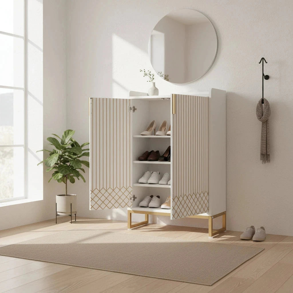 Art Deco Accent Cabinet - White & Gold Luxury Sideboard & Bar Station - Miola