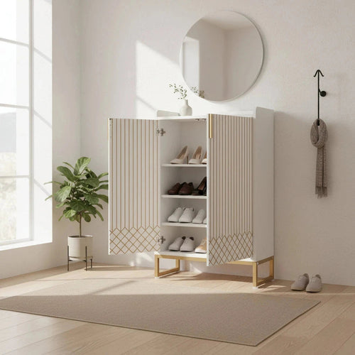 Art Deco Accent Cabinet - White & Gold Luxury Sideboard & Bar Station - Miola