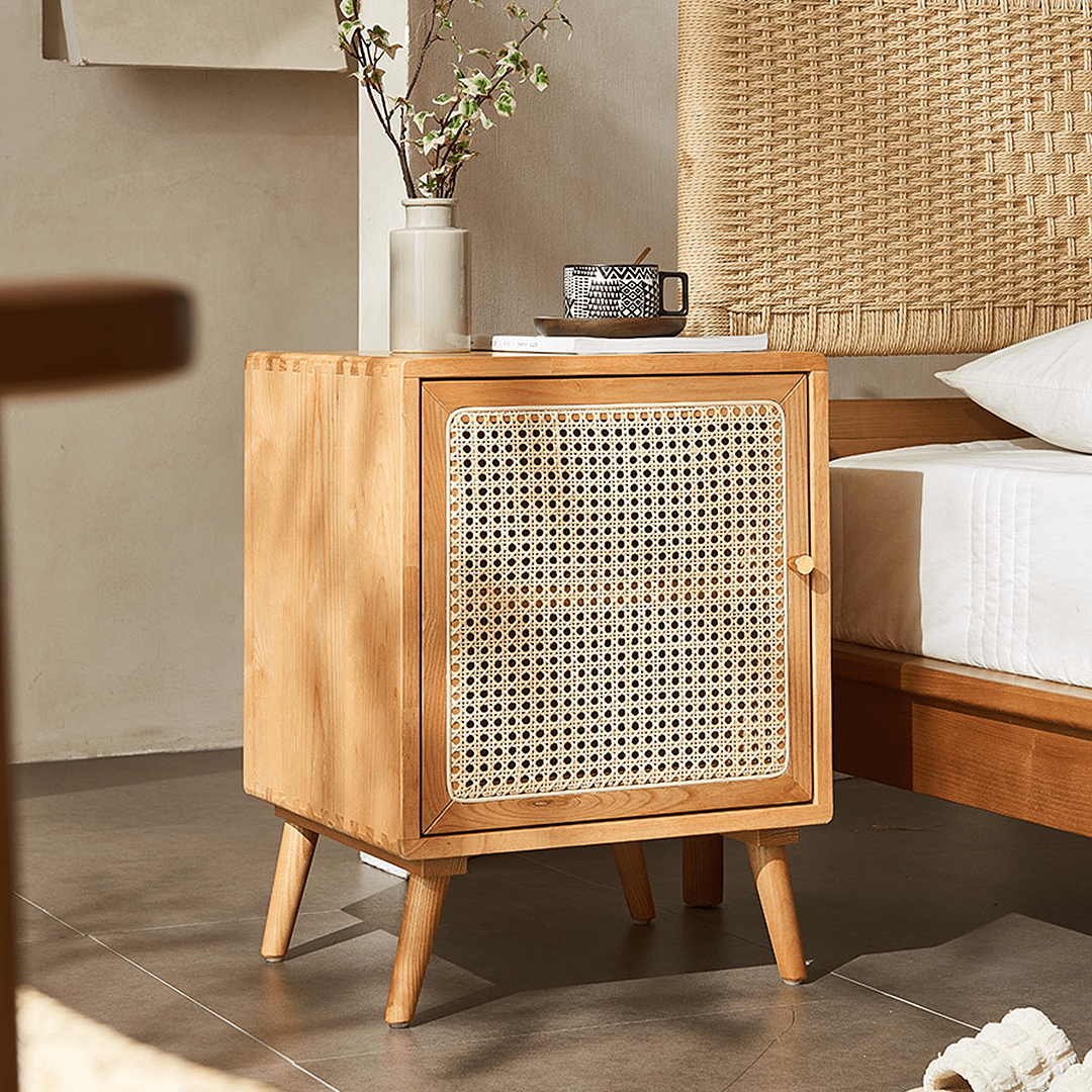 Himba Rattan Bedside Table, Solid Wood - Miola