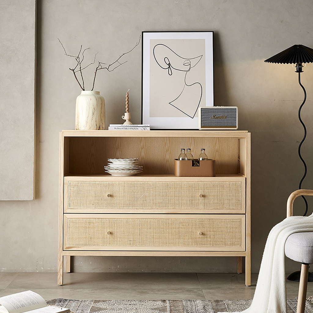 San Vintage Sideboard, Rattan & Solid Wood, Oak