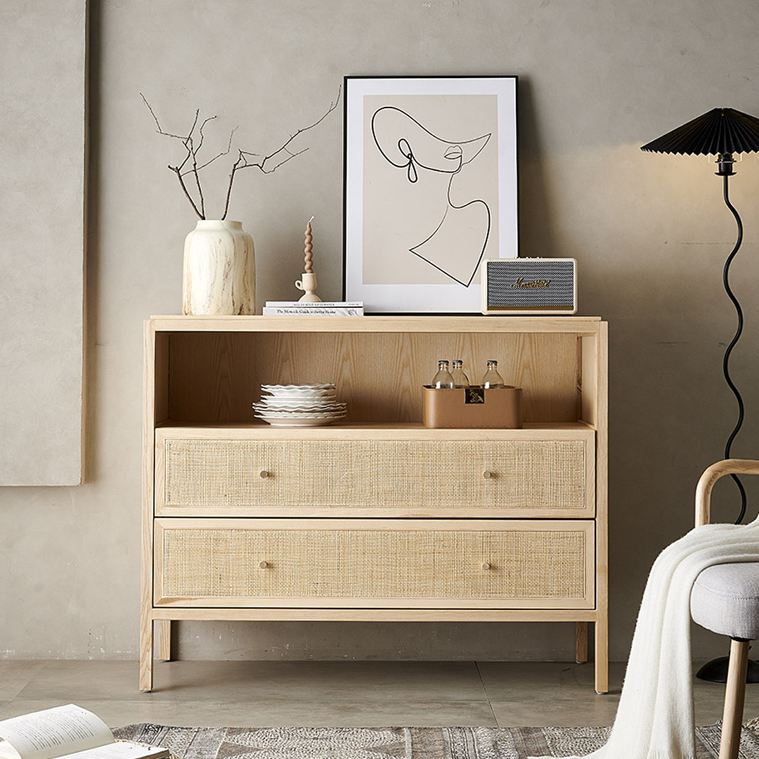 San Vintage Sideboard, Rattan & Solid Wood, Oak