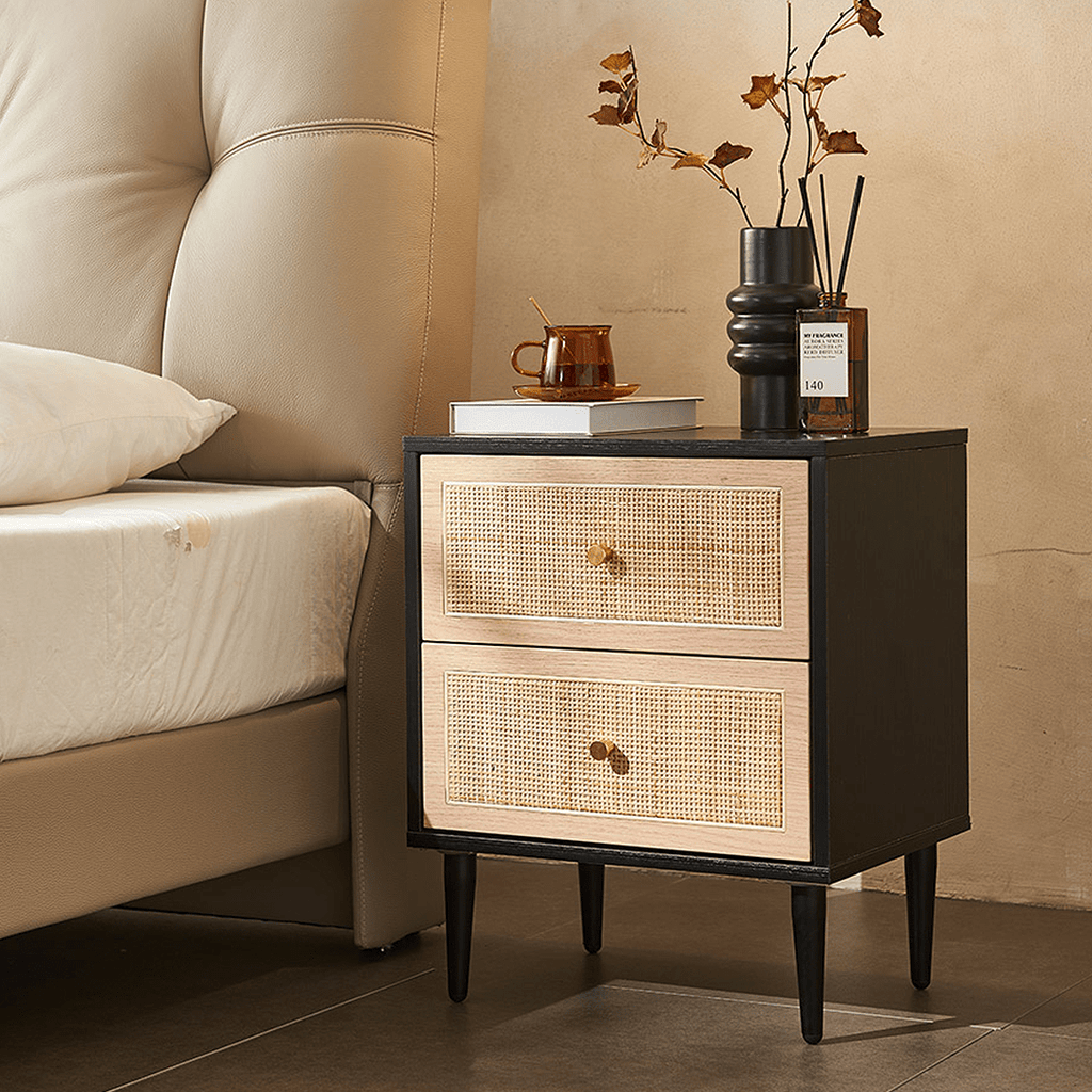Tsaatan Wood Bedside Table, Rattan, Black - Miola