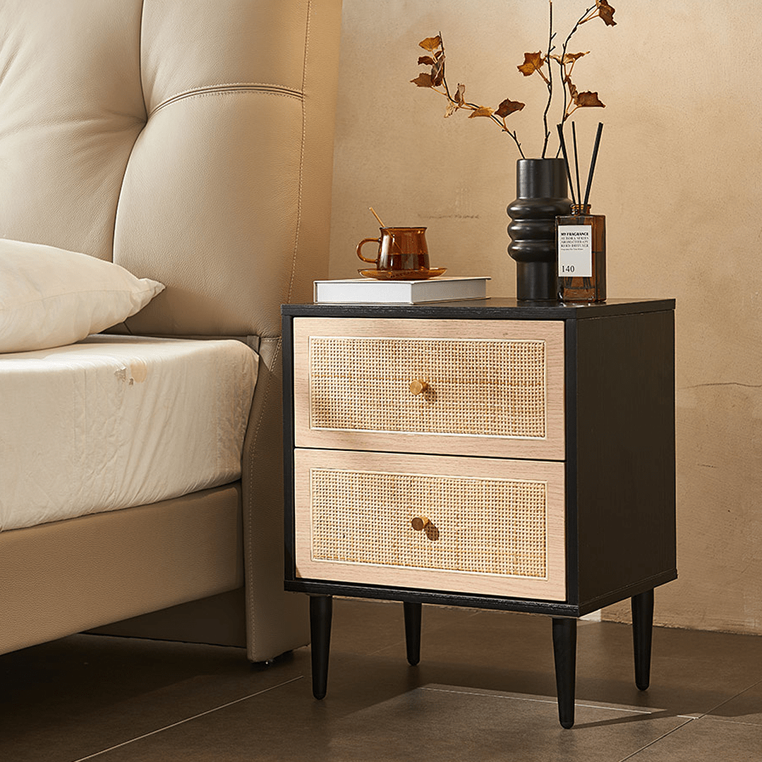 Tsaatan Wood Bedside Table, Rattan, Black - Miola