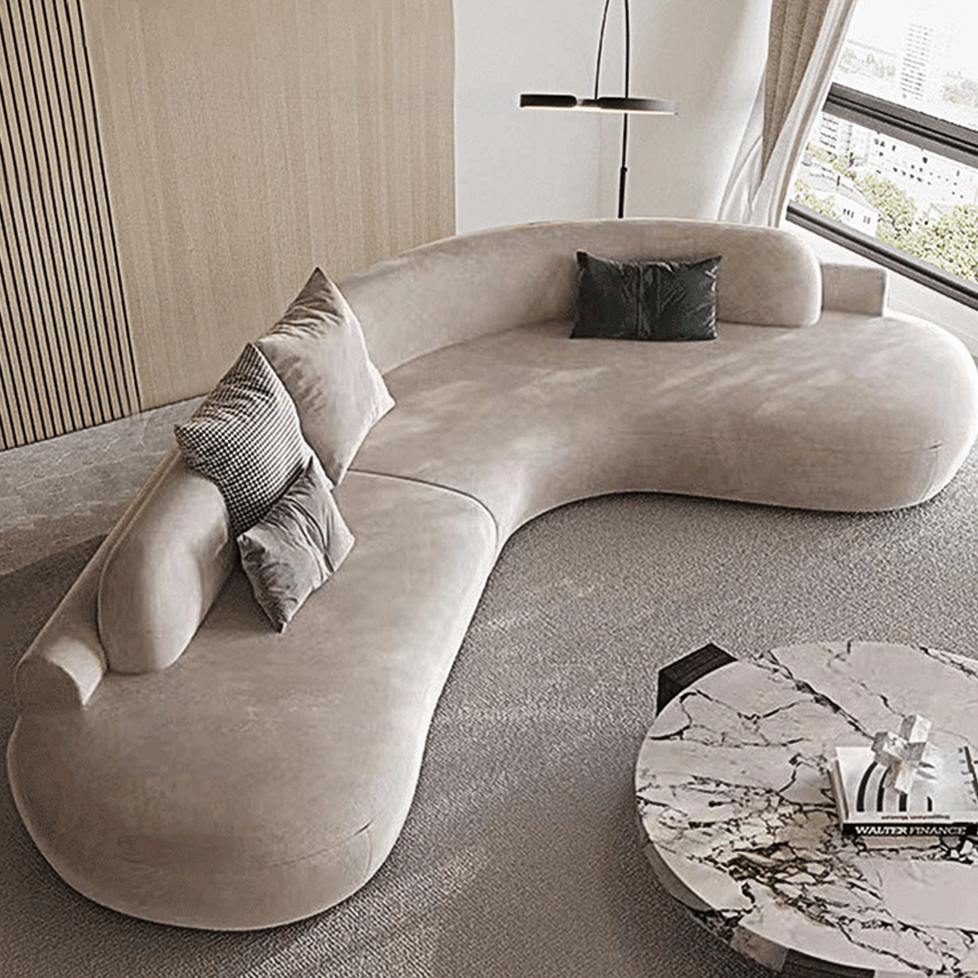 Cosima Grey Four Seater, Five Seater Curved Sofa, Long Sofa, Velvet - Miola