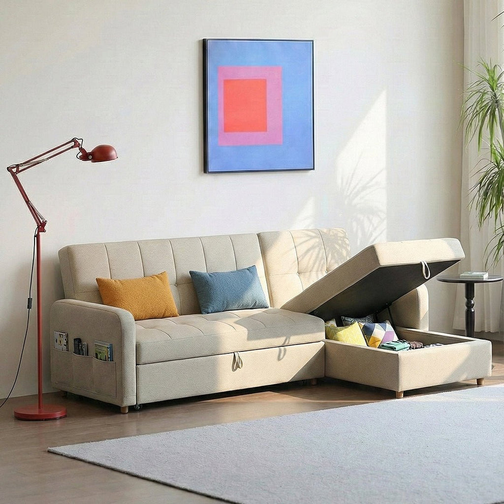 ML203 Three Seater Sofa Bed, L Shape Sofa Bed With Storage, Linen - Miola