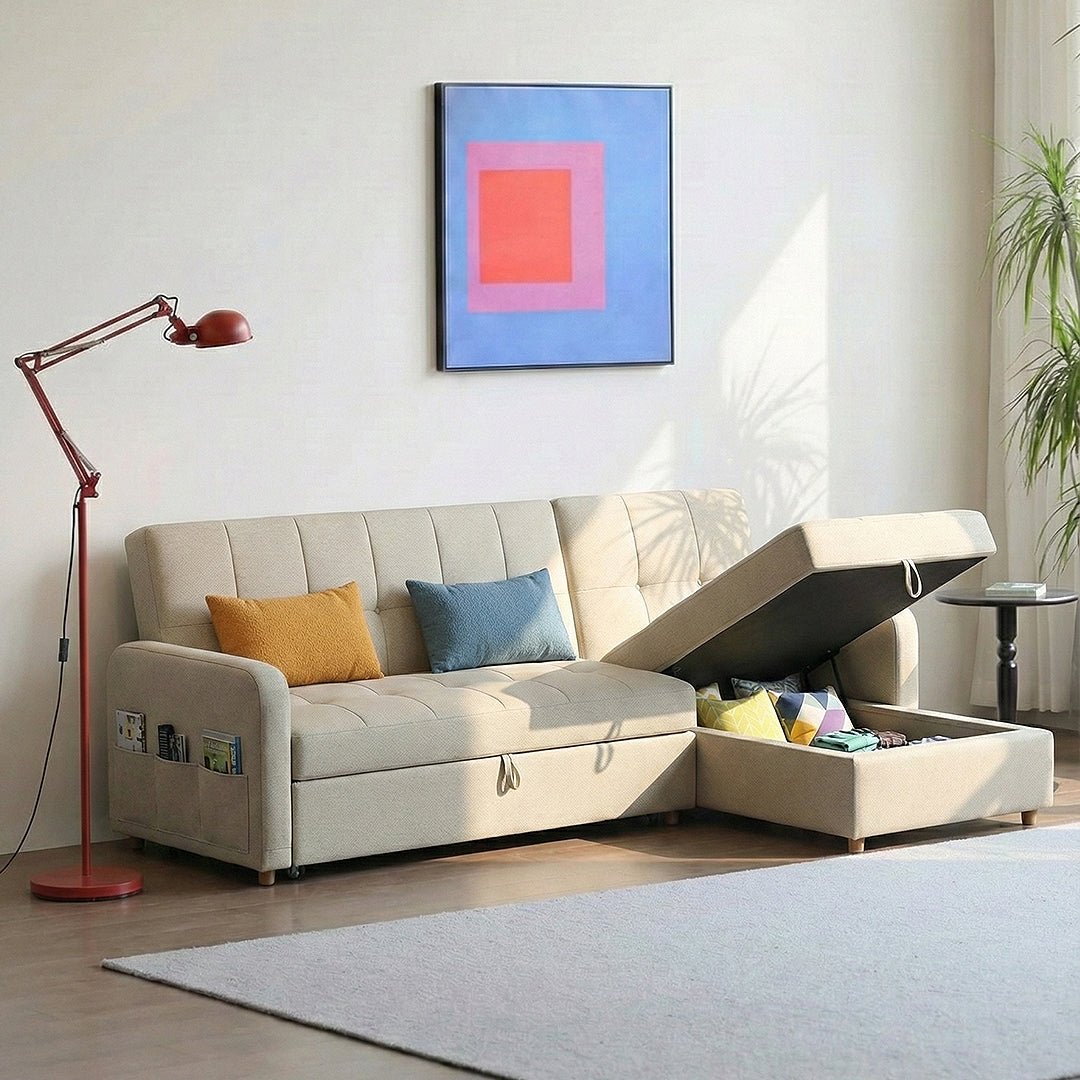 ML203 Three Seater Sofa Bed, L Shape Sofa Bed With Storage, Linen - Miola