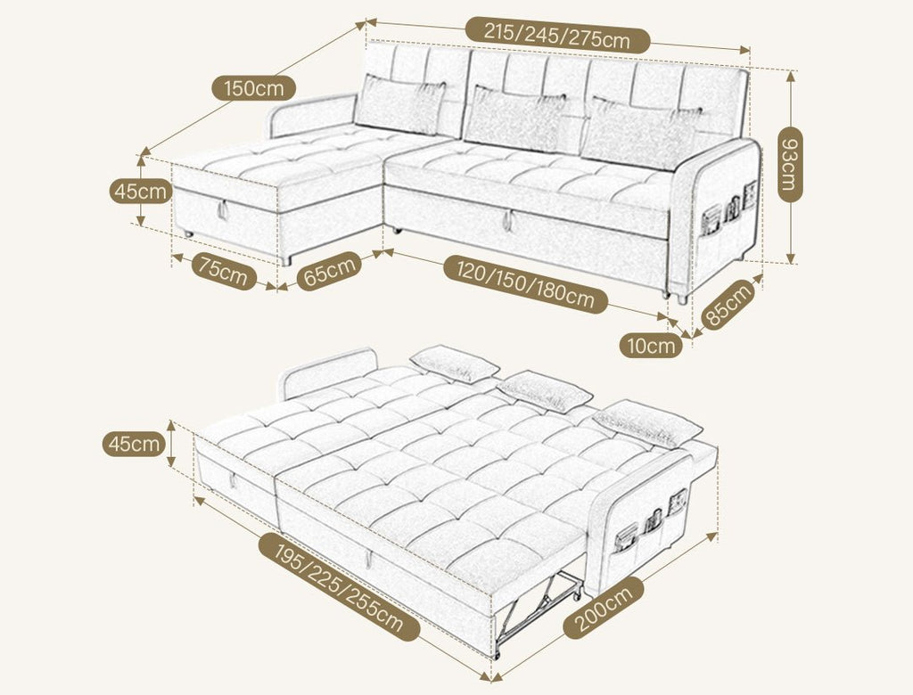 ML203 Three Seater Sofa Bed, L Shape Sofa Bed With Storage, Linen - Miola