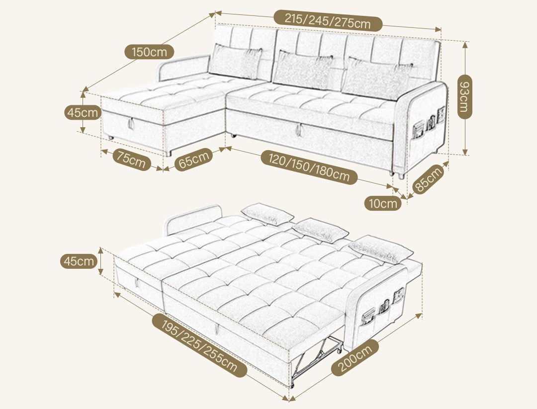 ML203 Three Seater Sofa Bed, L Shape Sofa Bed With Storage, Linen - Miola